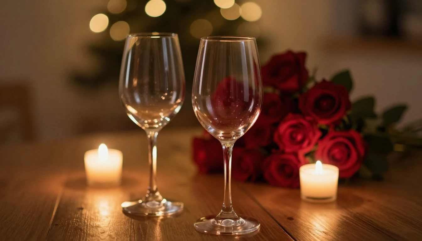 A close-up shot of two elegant wine glasses on a wooden tabl...