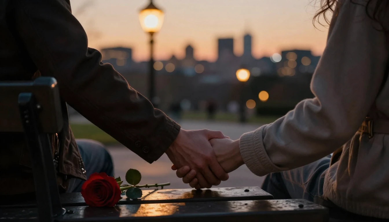 A romantic cinematic close-up shot of a couple holding hands...