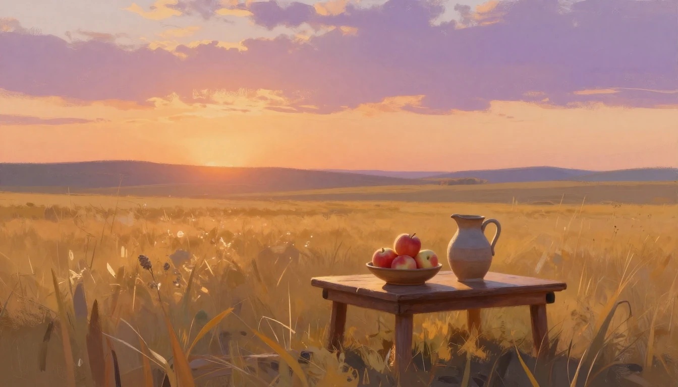 A serene landscape at sunset, featuring a vast golden steppe...