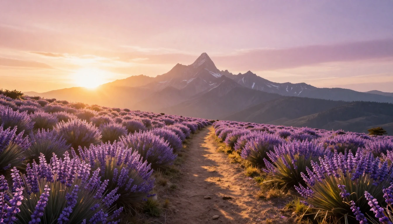 A breathtaking landscape at sunrise, where soft golden light...