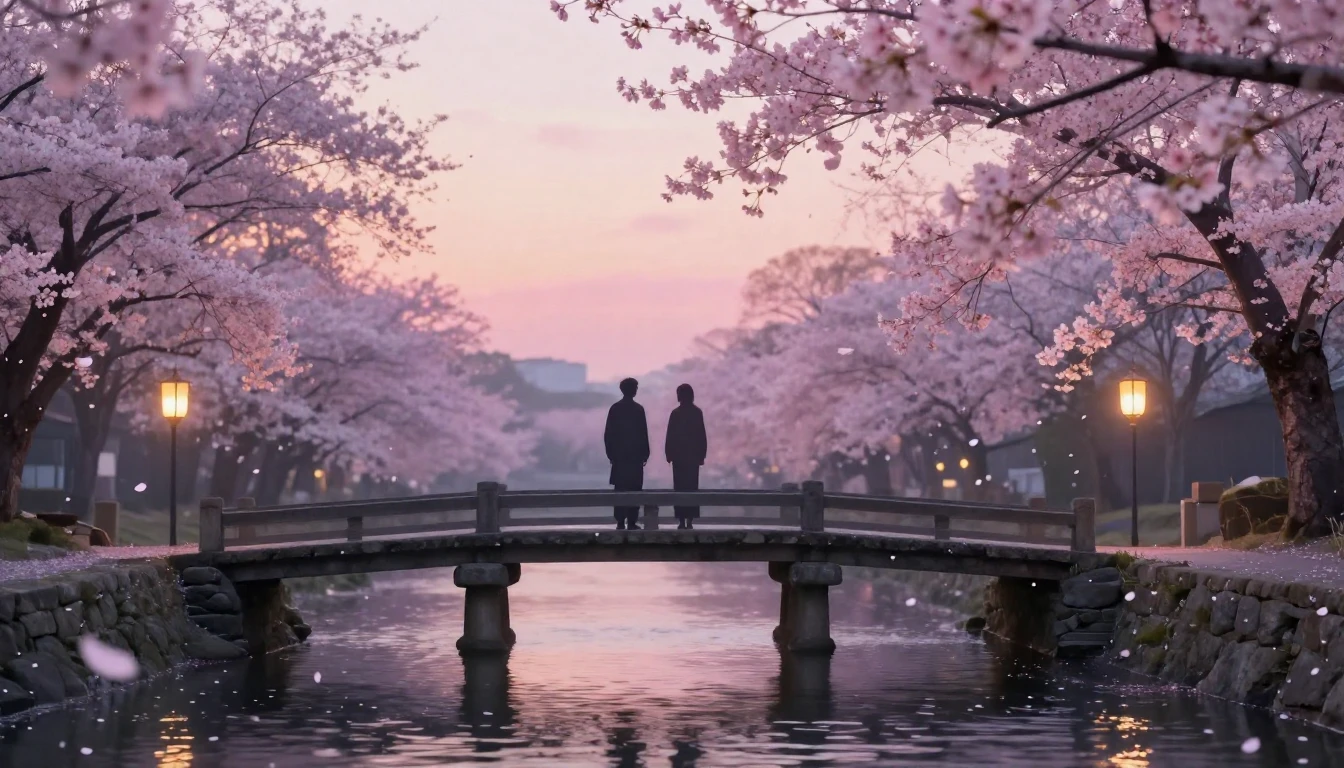 A dreamy and ethereal scene of two silhouettes standing on a...