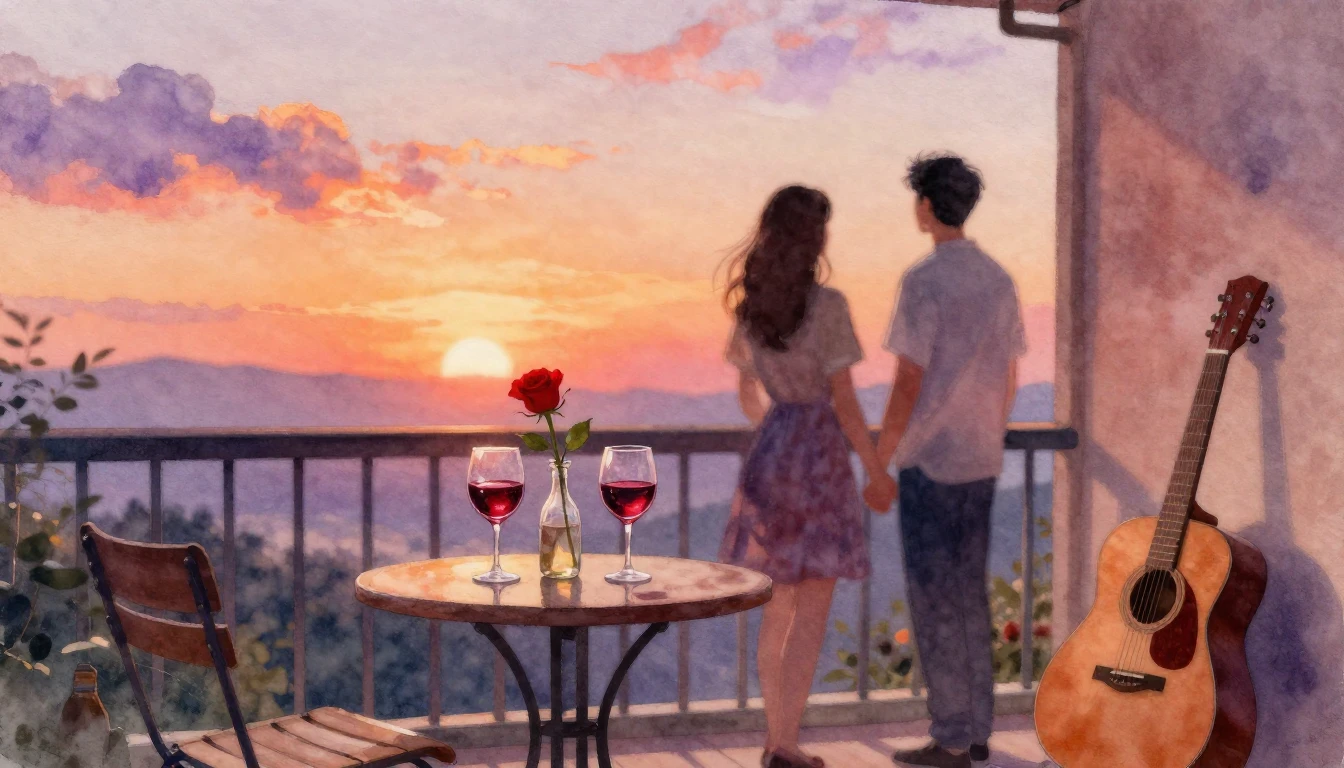 A romantic scene painted in soft watercolor style. A cozy ba...