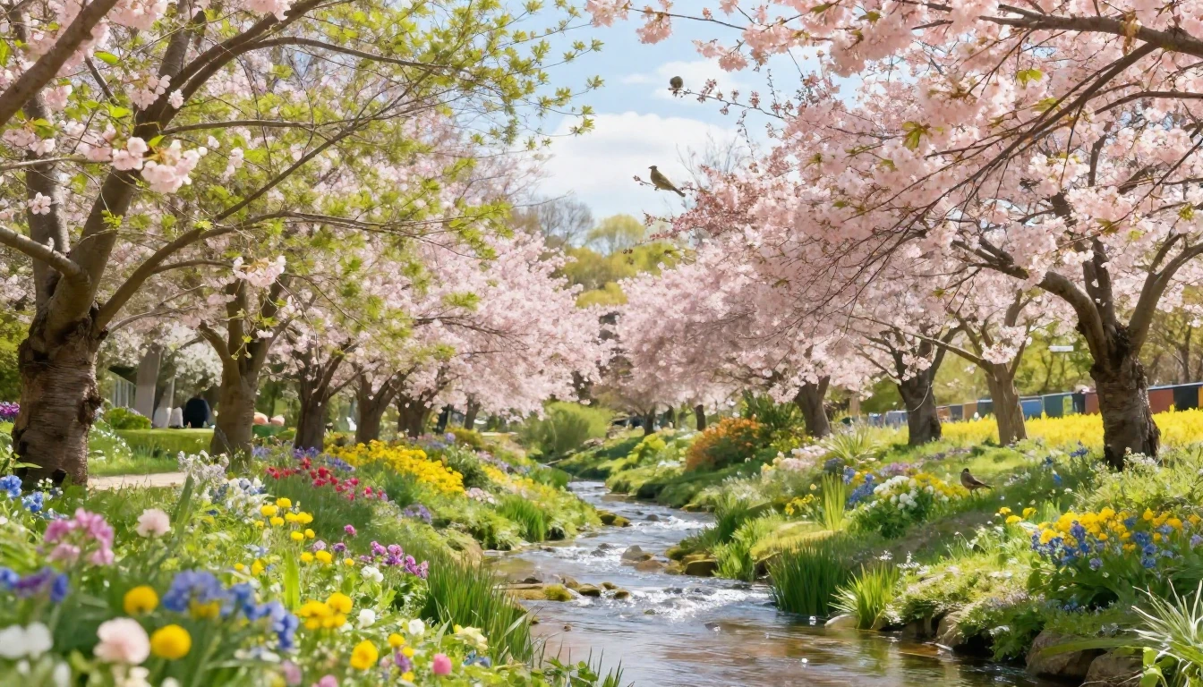 A lush, vibrant spring garden in full bloom. Delicate cherry...