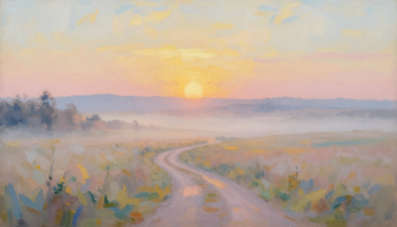 An impressionist painting of a vast, tranquil landscape at t...