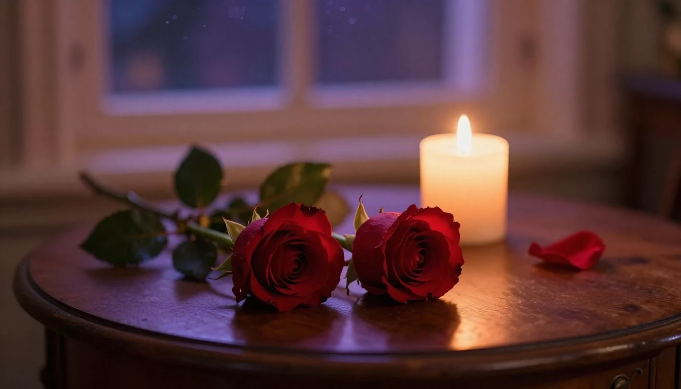 A dreamy and romantic scene featuring two delicate red roses...