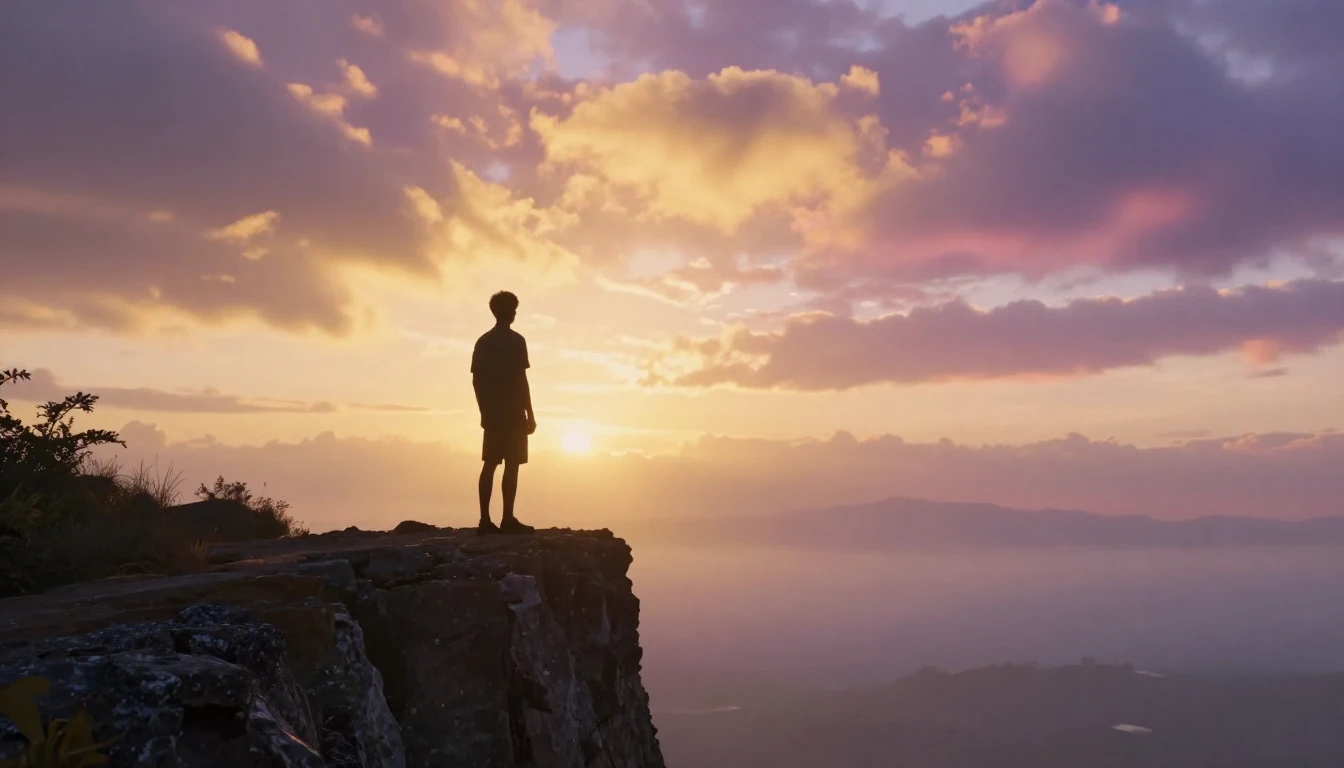 A cinematic wide shot of a lone silhouette standing at the e...