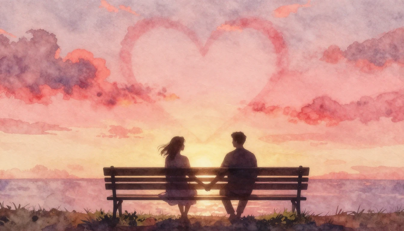 A romantic and dreamy watercolor painting featuring two silh...