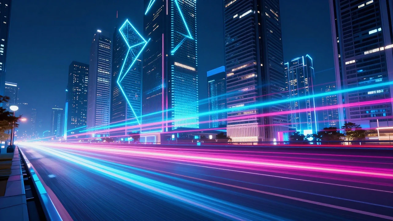 A futuristic cityscape at night viewed from a high-speed per...