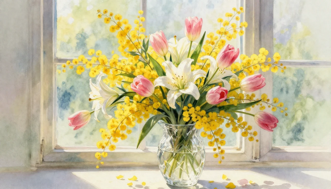 A vibrant watercolor painting capturing a lush bouquet of ye...