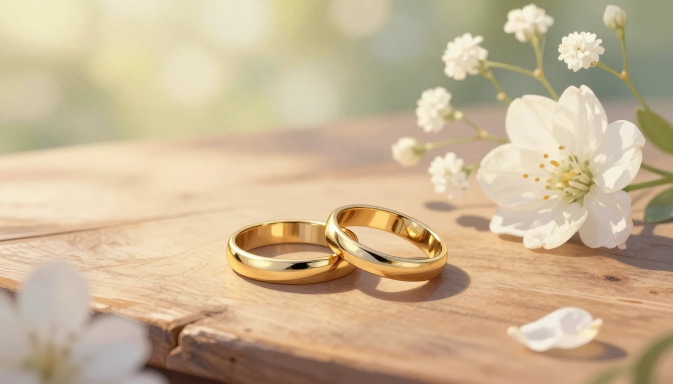 A warm and romantic close-up illustration of two golden wedd...