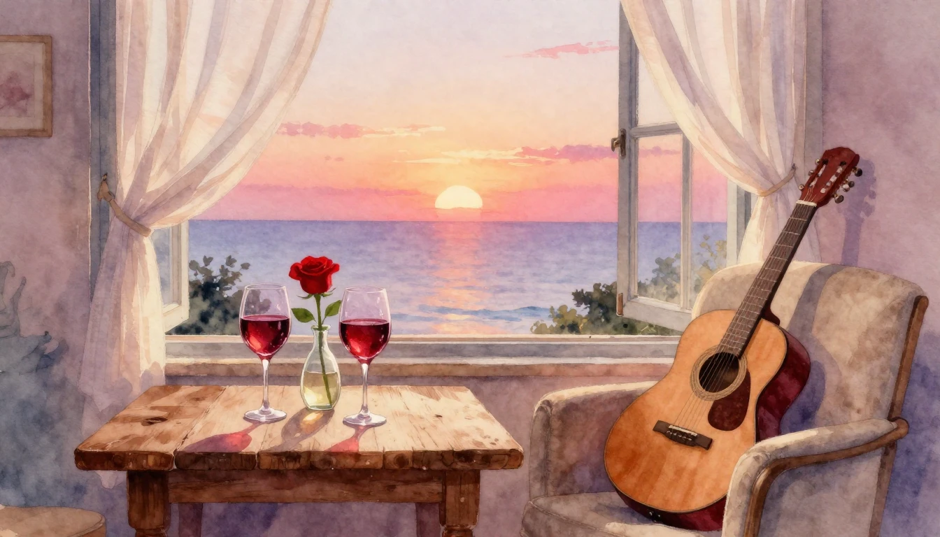 A soft and romantic watercolor painting depicting a cozy int...