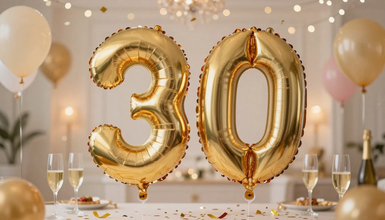 A festive and elegant birthday celebration scene for a 30th ...