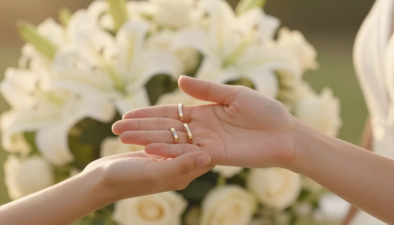 A romantic and elegant wedding scene featuring two hands hol...