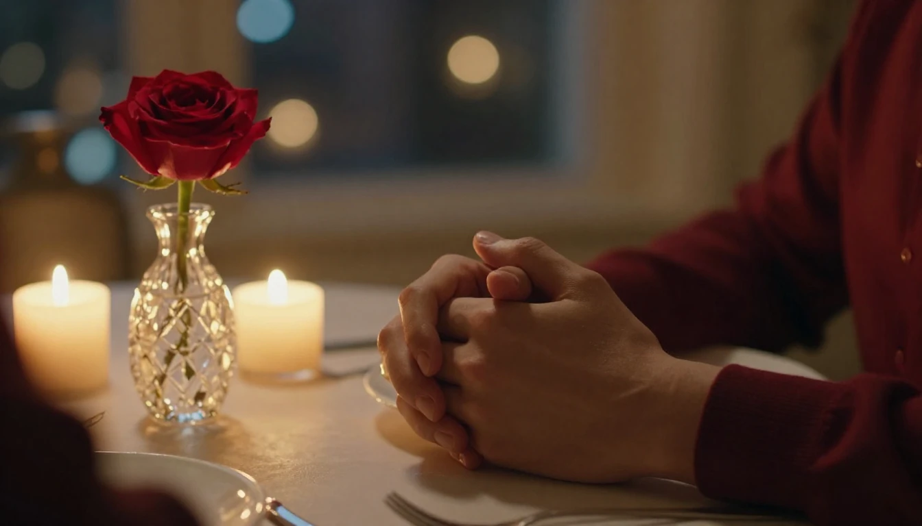 A cinematic close-up shot of a couple holding hands over a c...