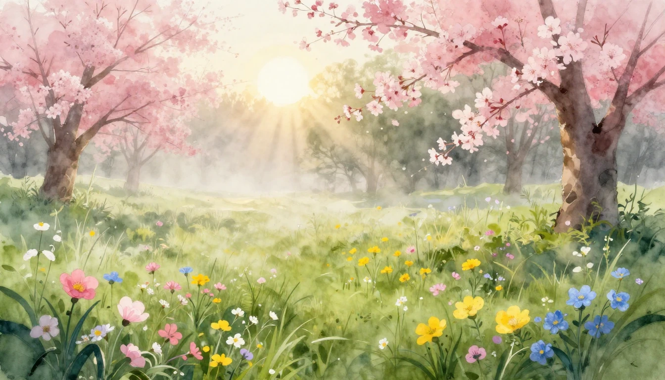 A breathtaking watercolor painting of a lush meadow at dawn....
