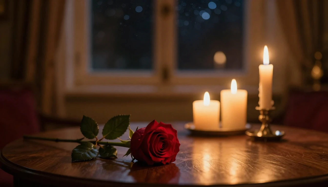 A high-quality cinematic shot of a cozy, dimly lit room. In ...