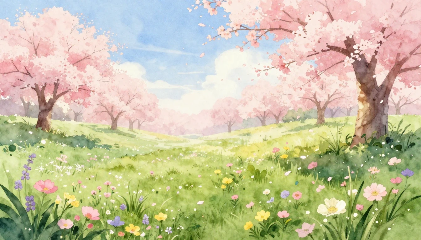 A serene spring landscape painted in soft watercolor. A lush...