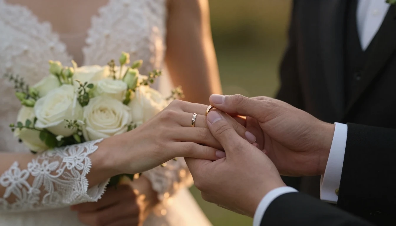 A cinematic close-up shot of a bride and groom holding hands...