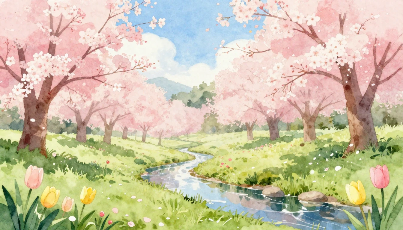 A serene spring landscape in a soft watercolor style. Delica...