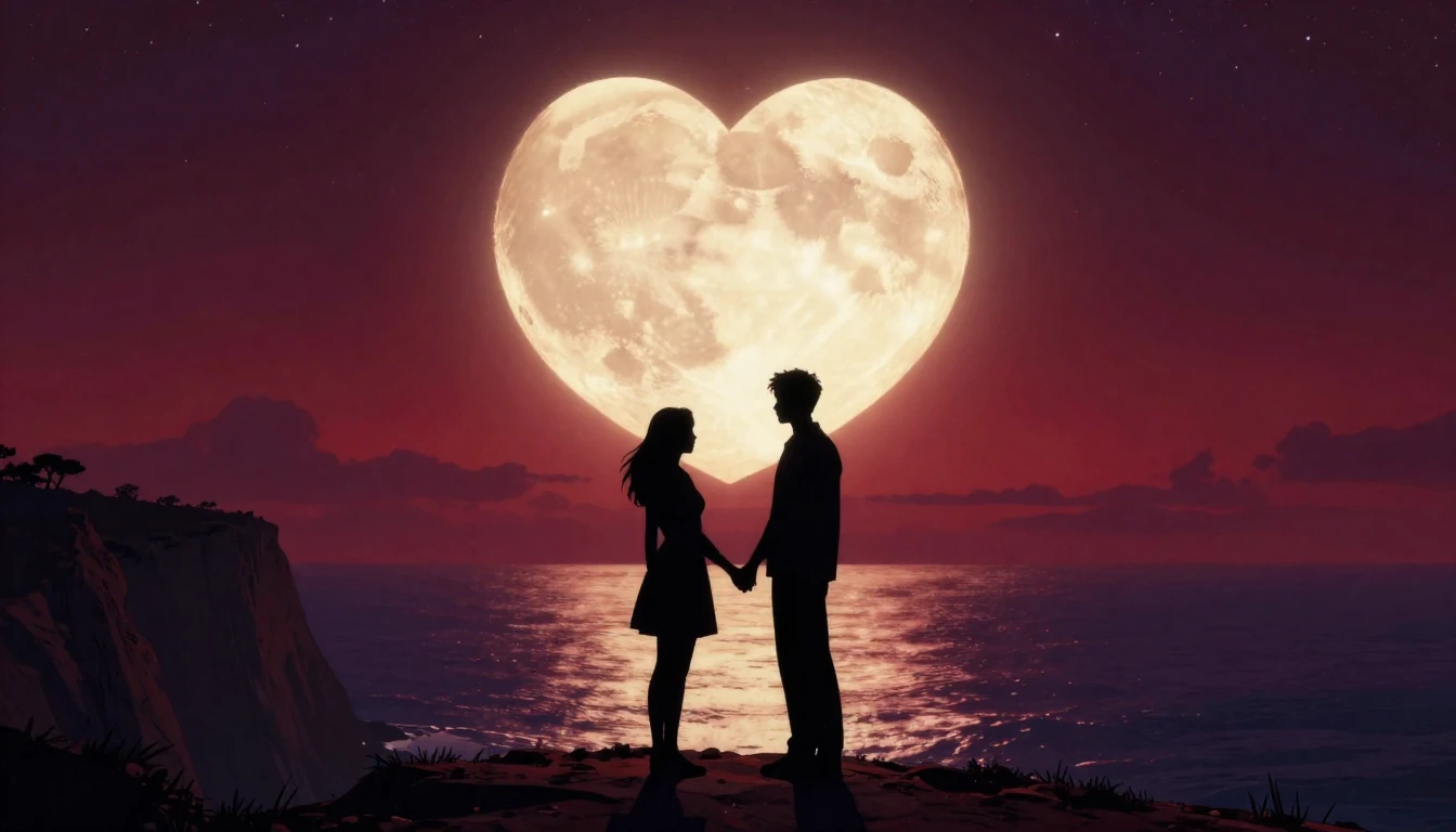 A romantic scene featuring a silhouette of a couple holding ...