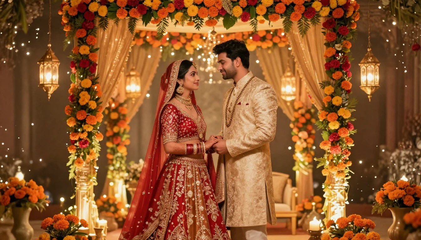 A romantic and festive illustration of an Indian bride and g...