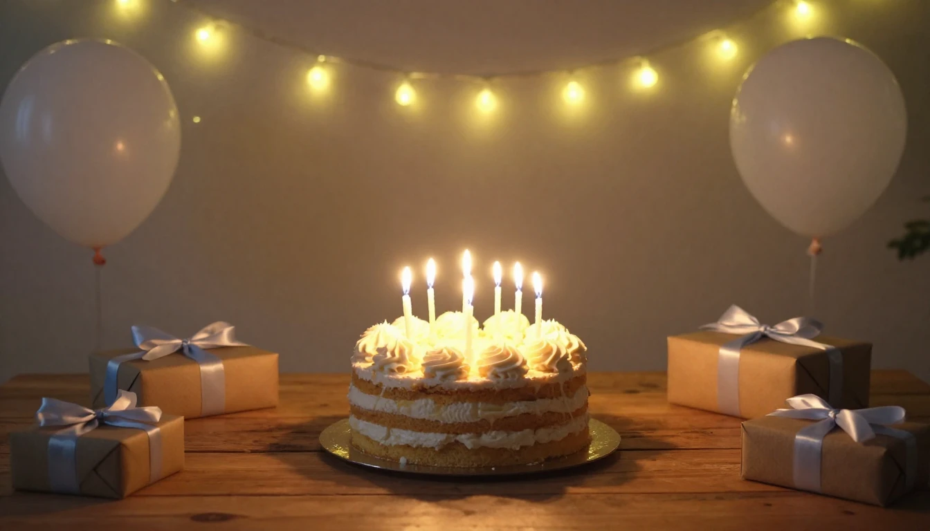 A beautiful and heartwarming birthday scene, a delicious cak...