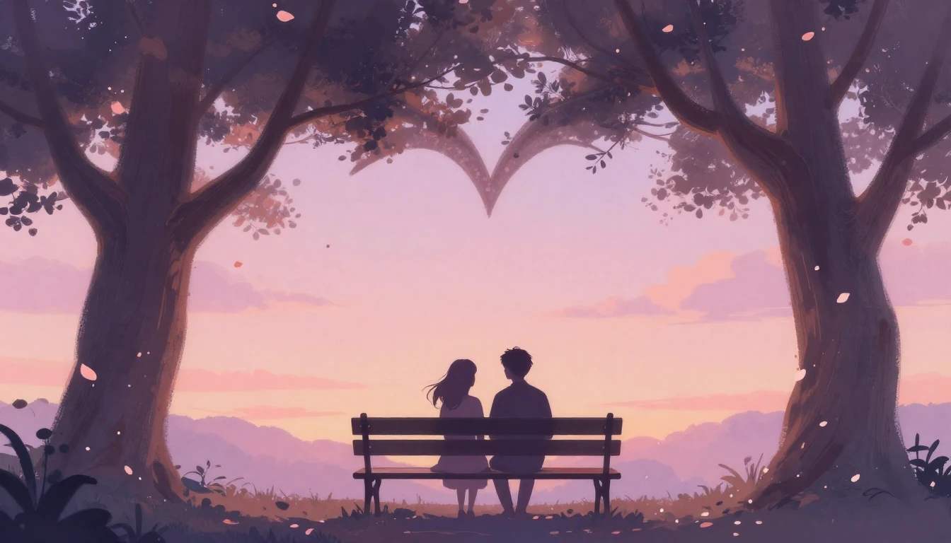 A romantic and dreamy illustration of two silhouettes sittin...