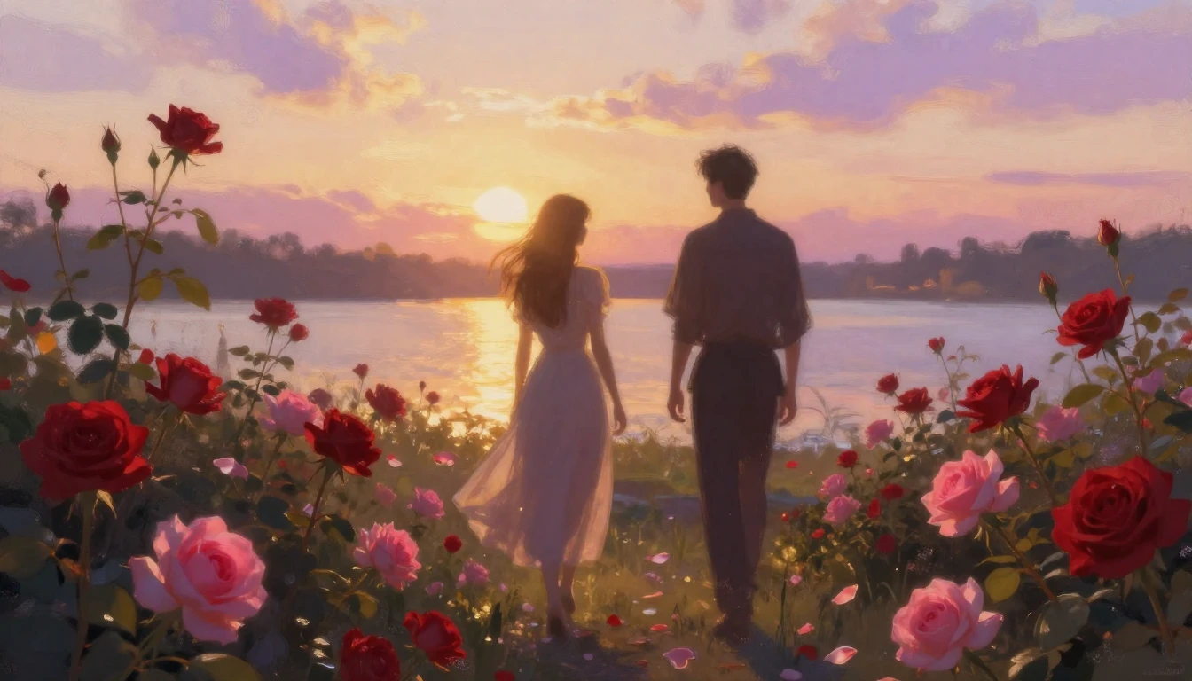 A dreamy and ethereal scene featuring two silhouettes walkin...