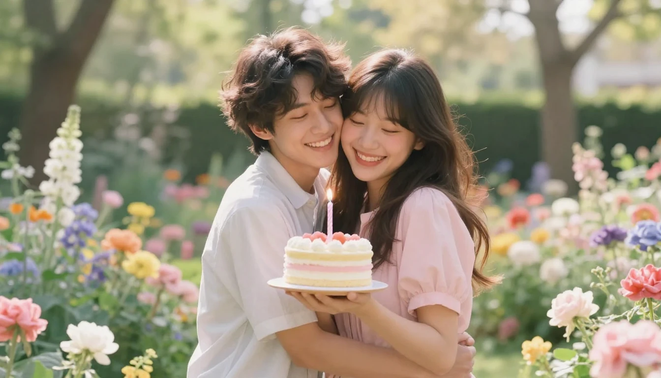 Two best friends hugging warmly in a blooming garden filled ...