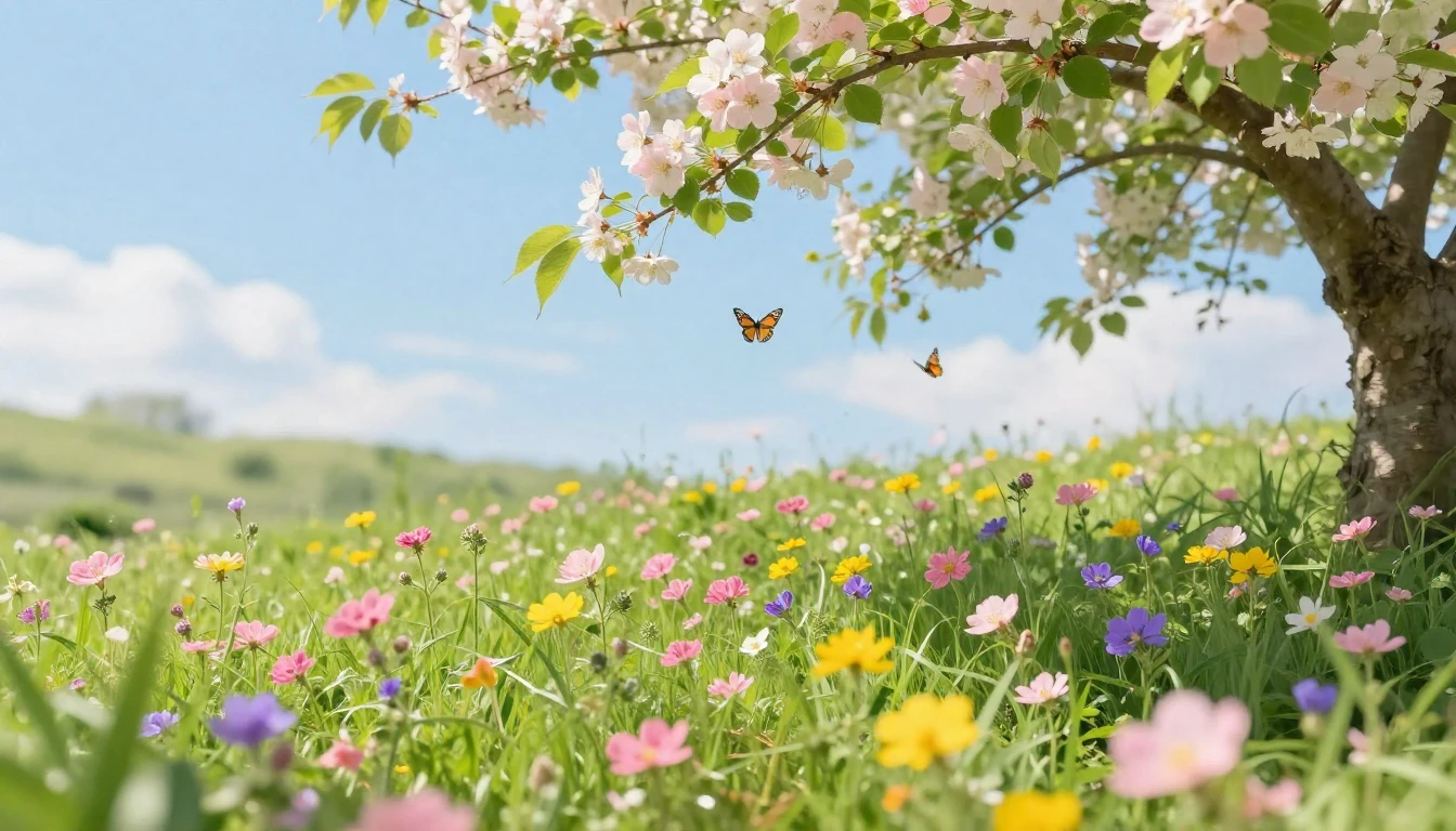 A lush meadow filled with a variety of blooming wildflowers ...