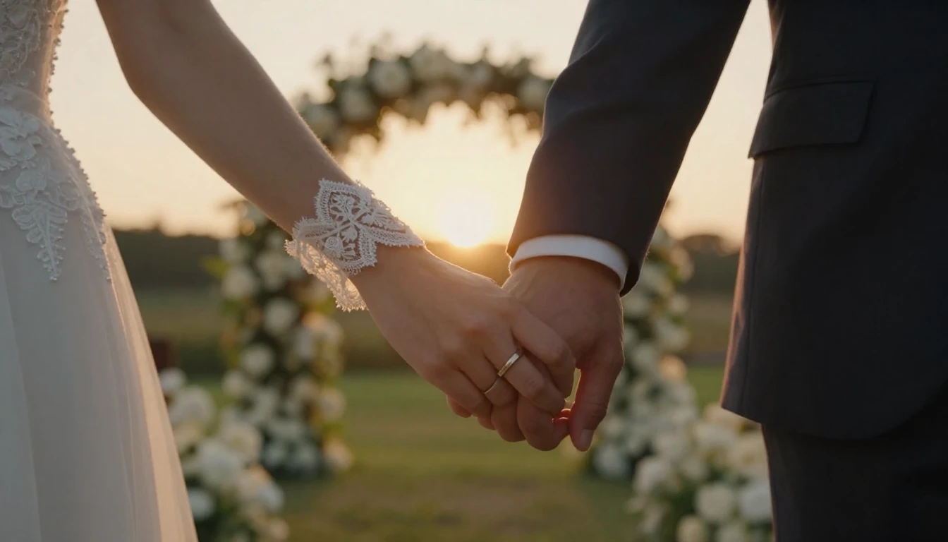 A close-up cinematic shot of a bride and groom holding hands...