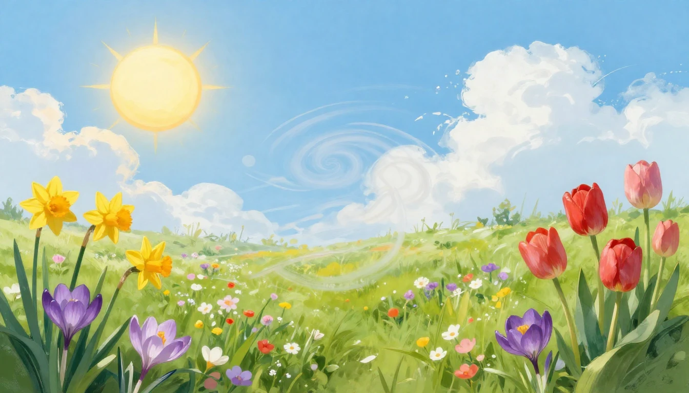 A vibrant and joyful spring landscape featuring a lush green...
