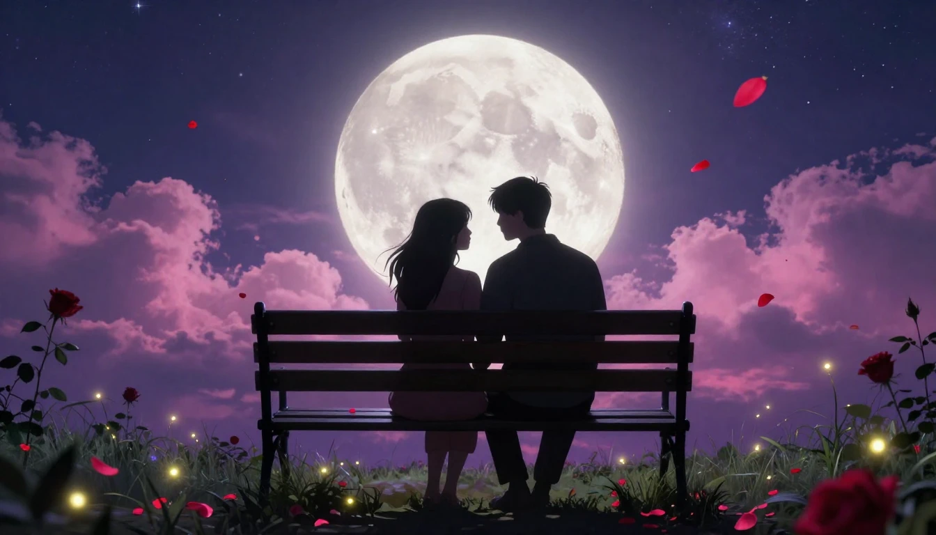 A romantic scene featuring a silhouette of a couple sitting ...