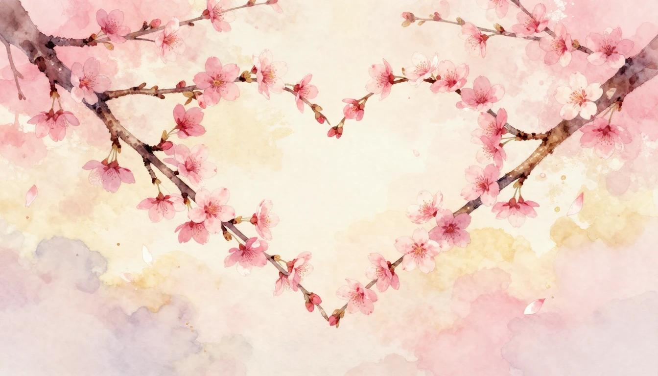 A delicate watercolor painting of two intertwined cherry blo...