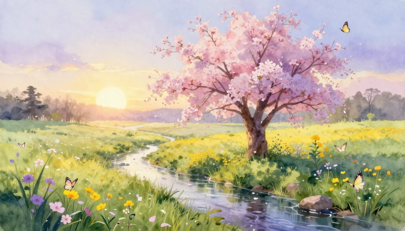 A breathtaking watercolor painting of a lush meadow at dawn ...