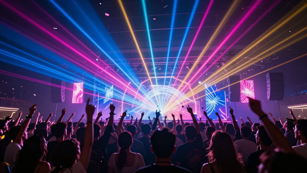 A vibrant party scene with ecstatic crowd jumping in the air...