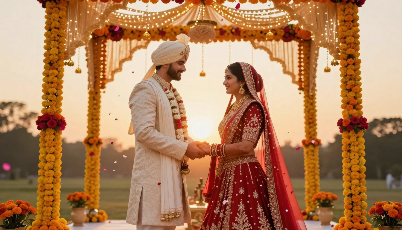 A vibrant digital artwork depicting a newlywed Indian couple...