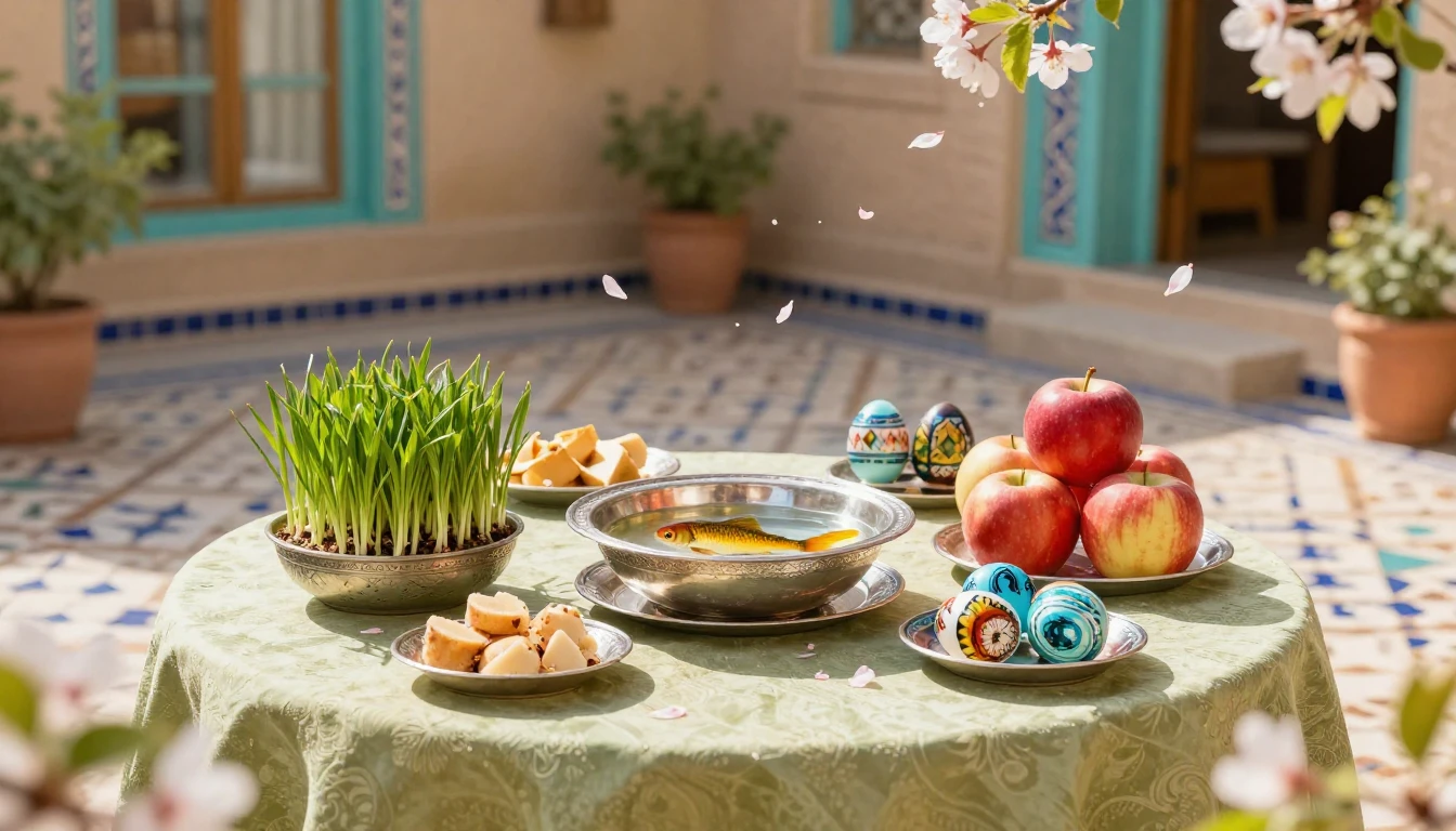 A lush and vibrant Haft-Sin table arrangement set in a sun-d...