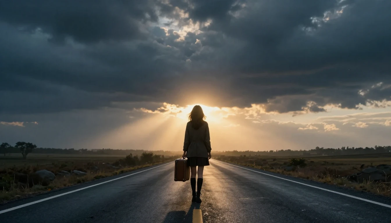 A cinematic wide shot of a lone woman standing at the end of...