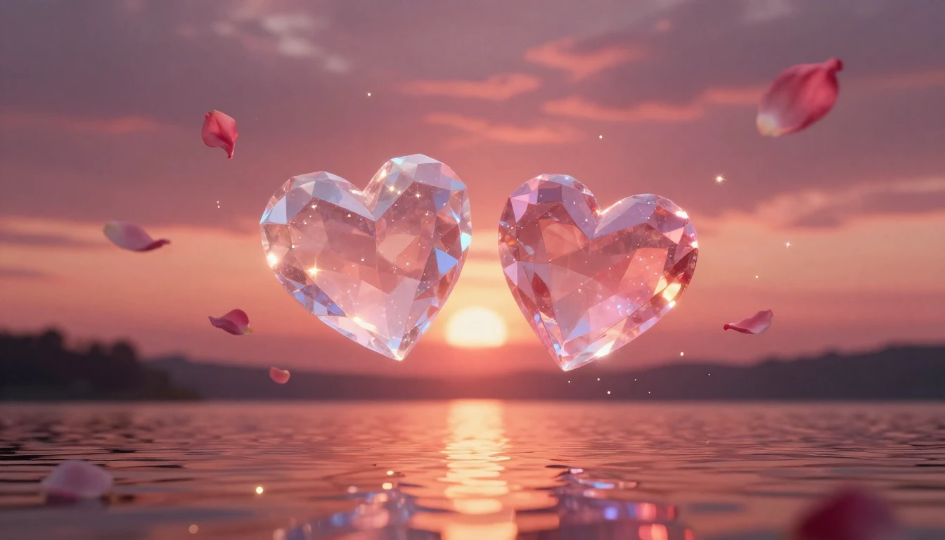 A breathtaking scene of two glowing crystalline hearts float...