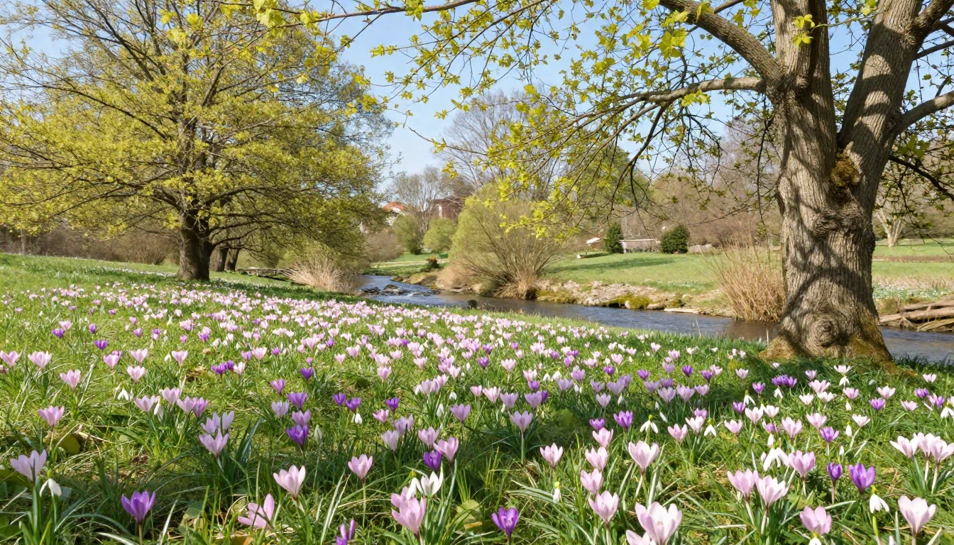 A serene spring landscape featuring a meadow filled with blo...