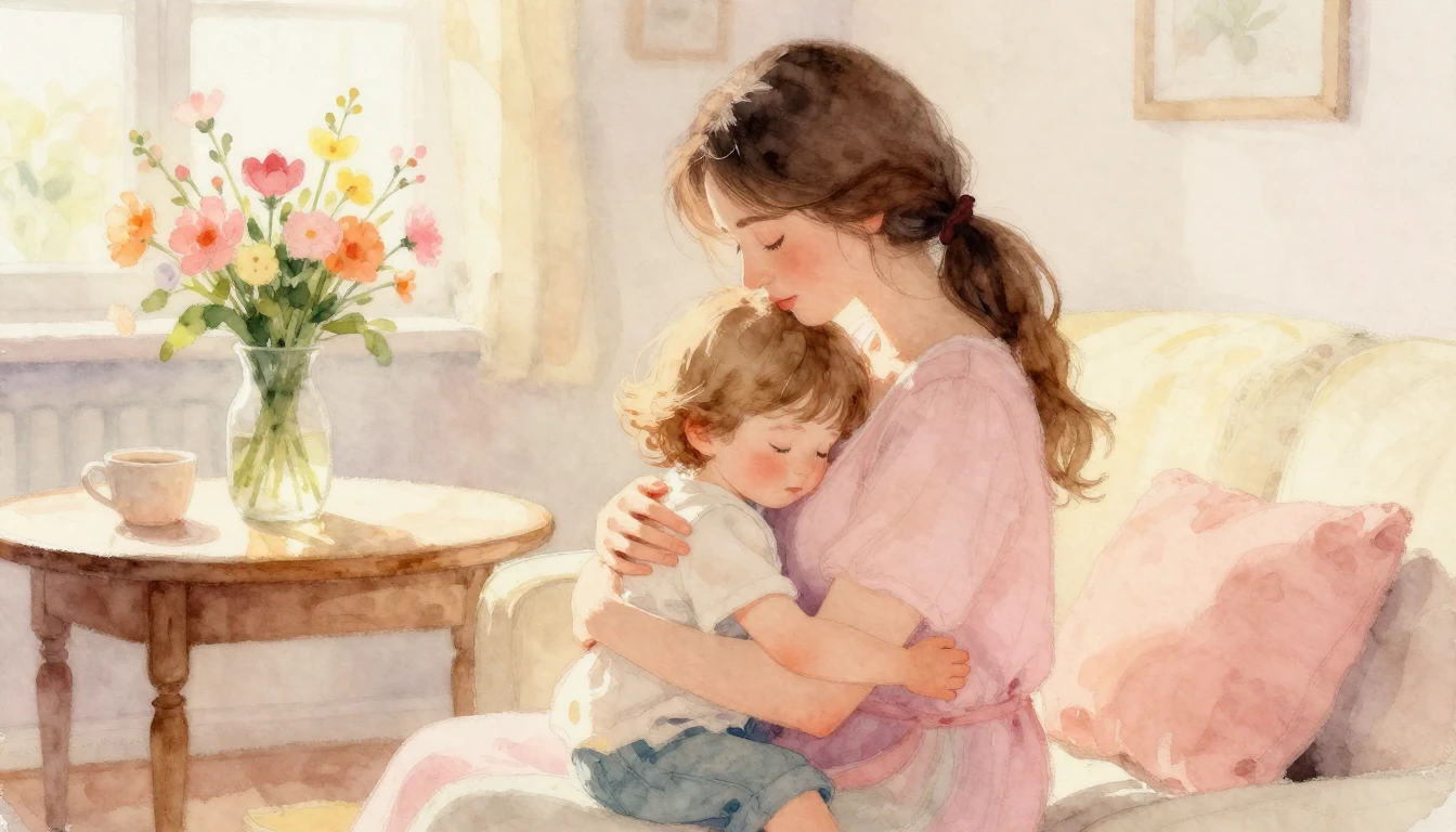 A heartwarming watercolor painting of a mother and her child...