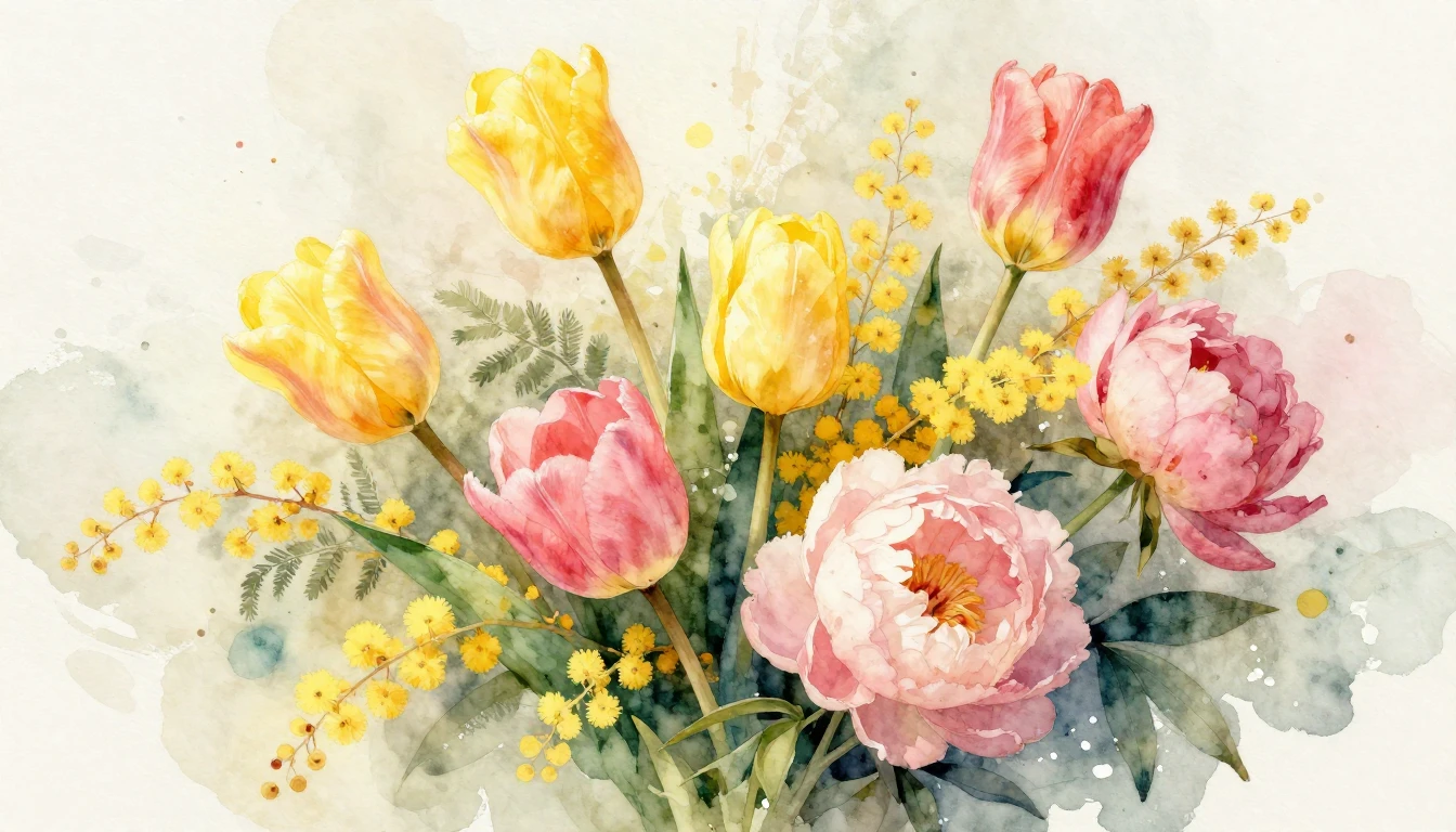A beautiful and vibrant watercolor painting of a lush bouque...
