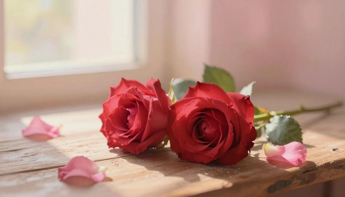 A delicate and ethereal painting of two intertwined red rose...