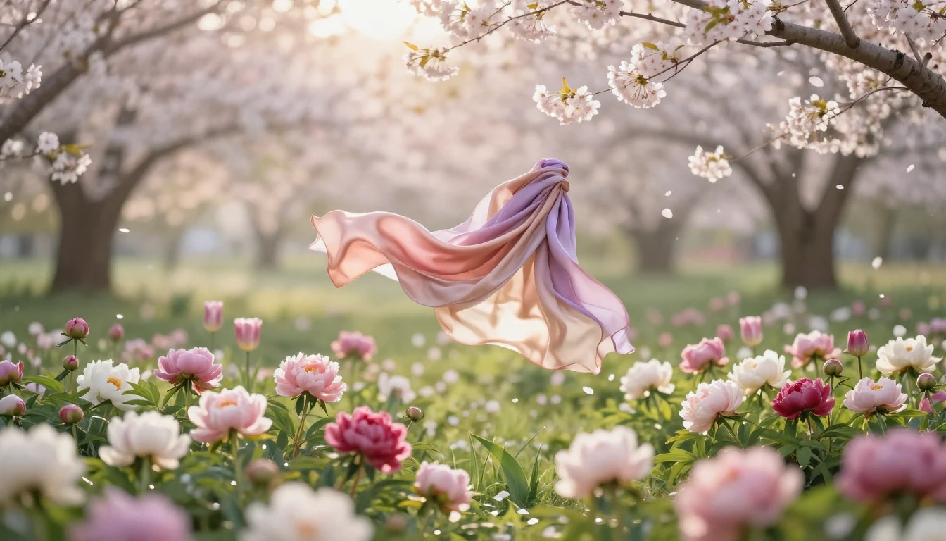 A breathtaking spring meadow filled with blooming peonies, t...