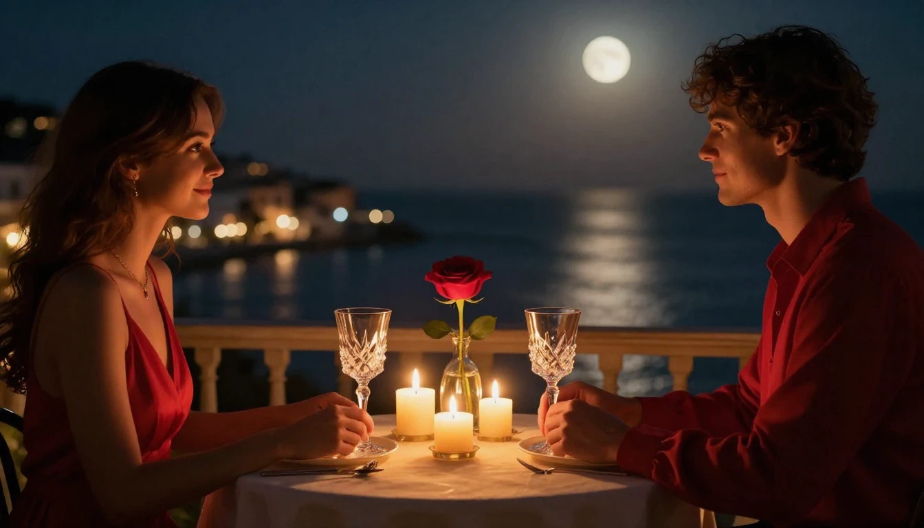 A breathtaking cinematic scene of a romantic candlelit table...