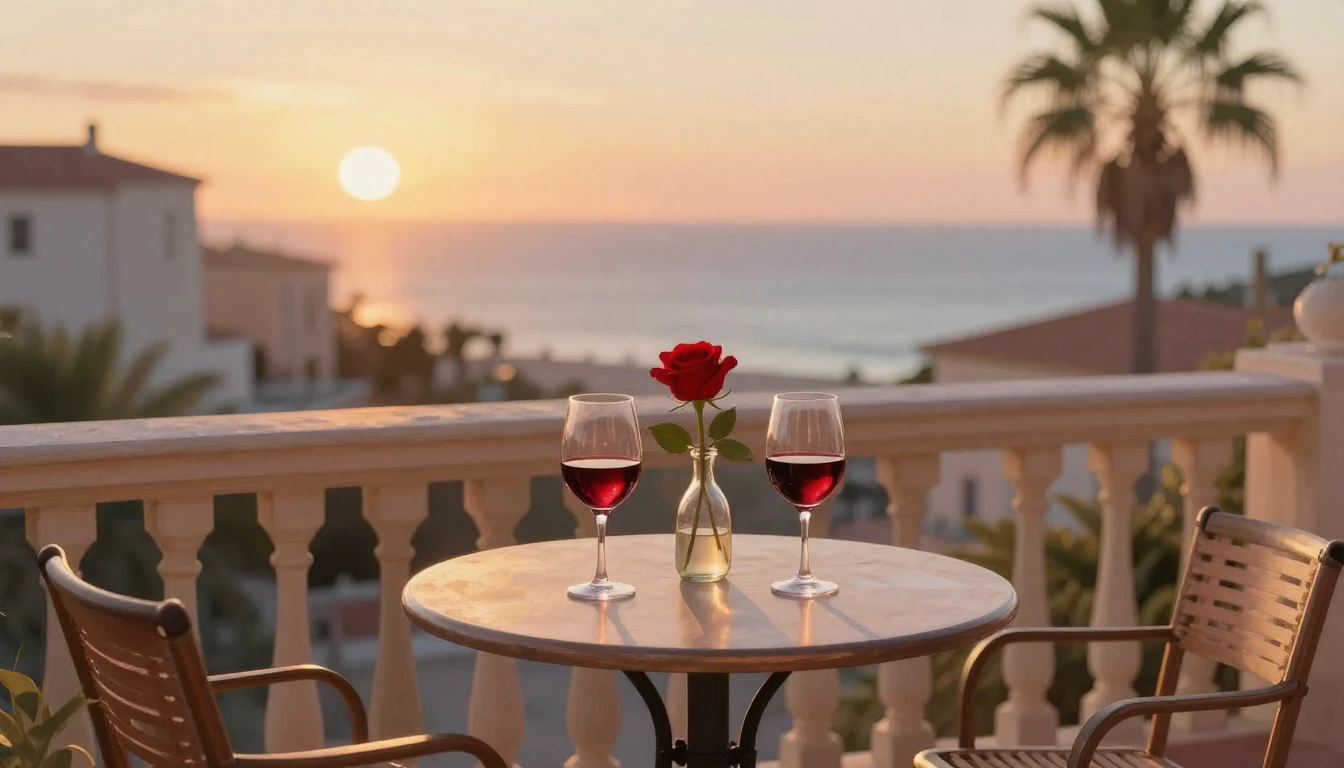 A romantic, cozy balcony scene at sunset overlooking a seasi...