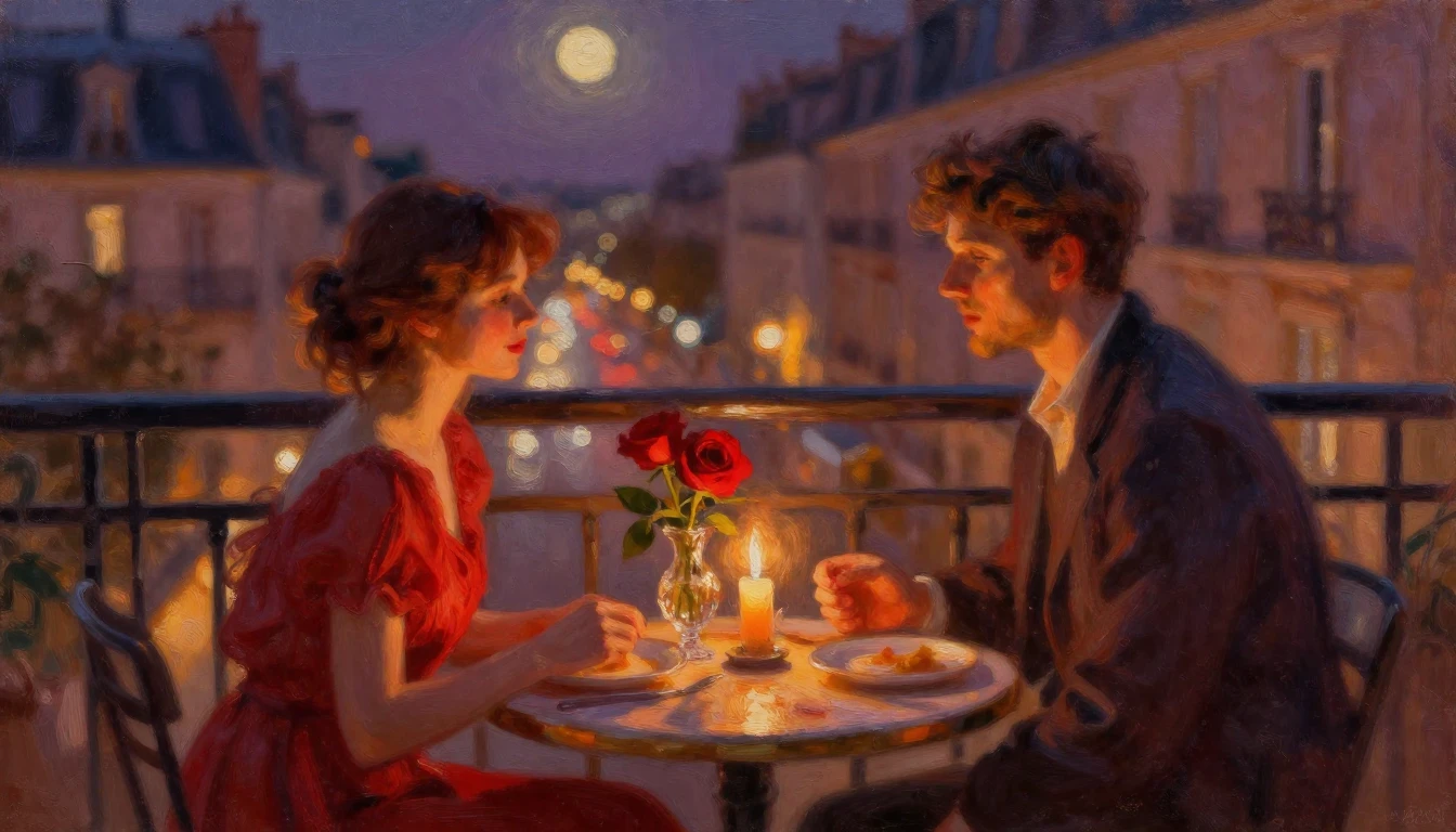 A dreamy impressionist oil painting of a candlelit table set...