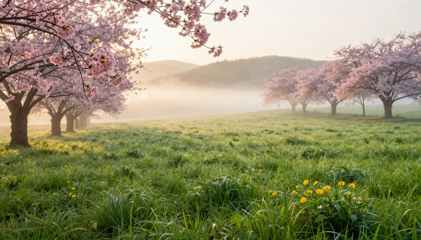 A breathtaking landscape of a lush green meadow at dawn. Del...
