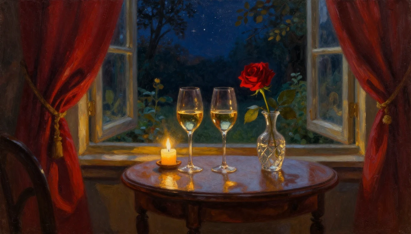 An evocative oil painting of a cozy, dimly lit room overlook...